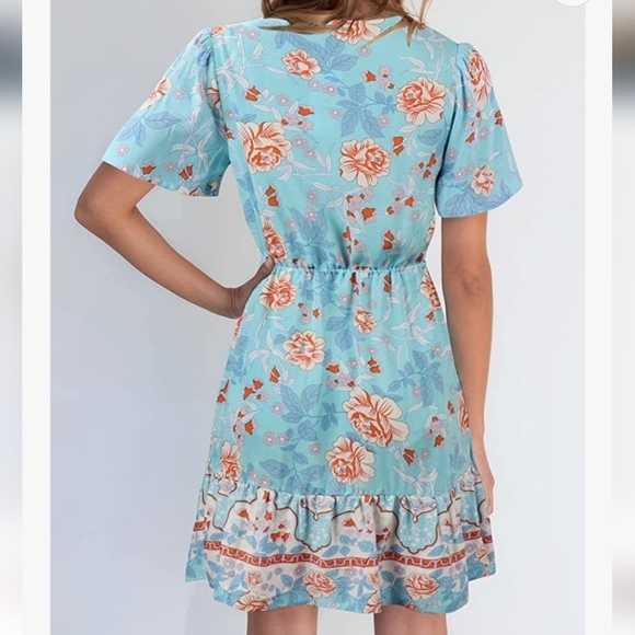 KYL Summer Boho Beach  Short Sleeve Flowy Ruffle Boho Floral Dress Size M - Picture 4 of 12